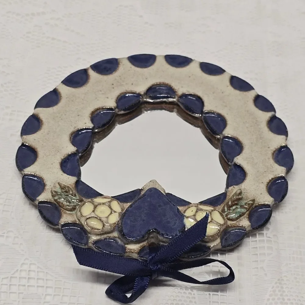 Vintage Pottery Mirror Stoneware Heart Handcrafted Wall Art Boho Decor Romantic
